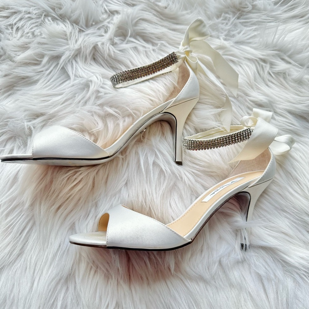 Nina IVORY SATIN SANDALS WITH ADJUSTABLE RHINESTONE ANKLE-BRACELET 8